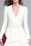 Ivory V-Neck A Line High-Low Ruffled Work Dress with Belts