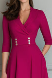 Fuchsia A Line V-Neck Midi Work Dress with Pockets