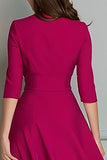 Fuchsia A Line V-Neck Midi Work Dress with Pockets