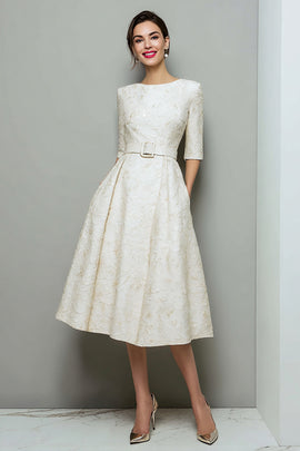 Zapakasa Women Ivory Jacquard Midi Work Dress with Pockets A Line Boat Neck Half Sleeves Business Dress with Belts Zapakasa Women Ivory Jacquard Midi Work Dress with Pockets A Line Boat Neck Half Sleeves Business Dress with Belts