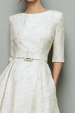 Ivory Jacquard A Line Midi Work Dress with Pockets