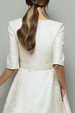 Ivory Jacquard A Line Midi Work Dress with Pockets