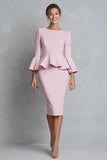 Pink Boat Neck Pencil Ruffled Midi Work Dress with Sleeves