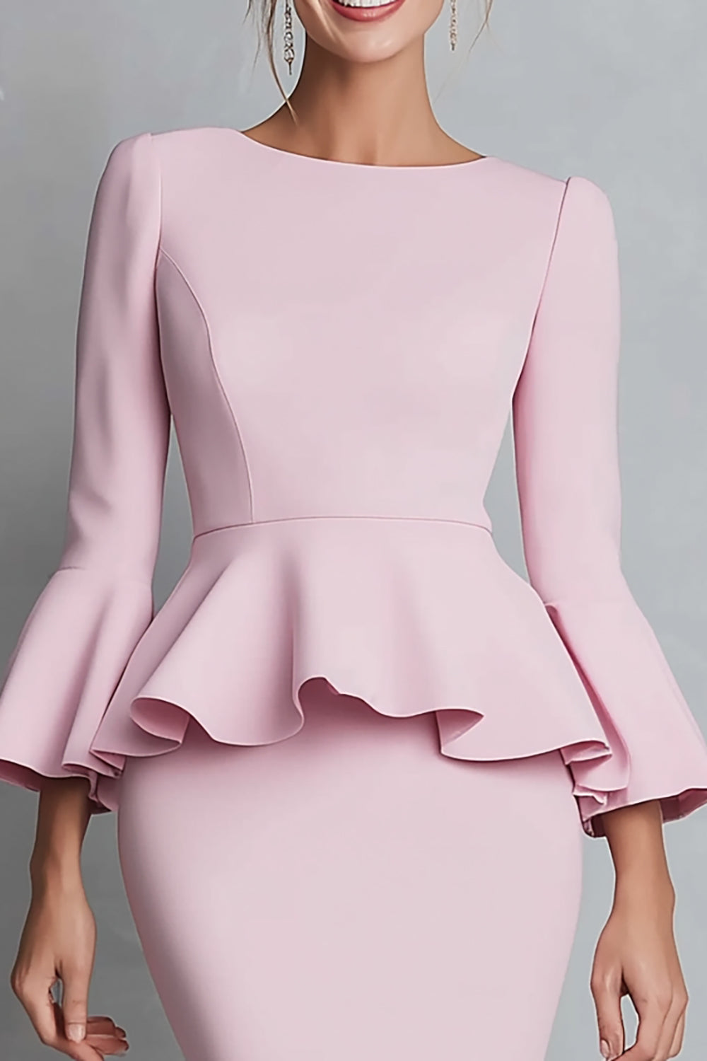 Pink Boat Neck Pencil Ruffled Midi Work Dress with Sleeves