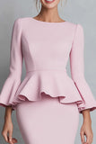 Pink Boat Neck Pencil Ruffled Midi Work Dress with Sleeves