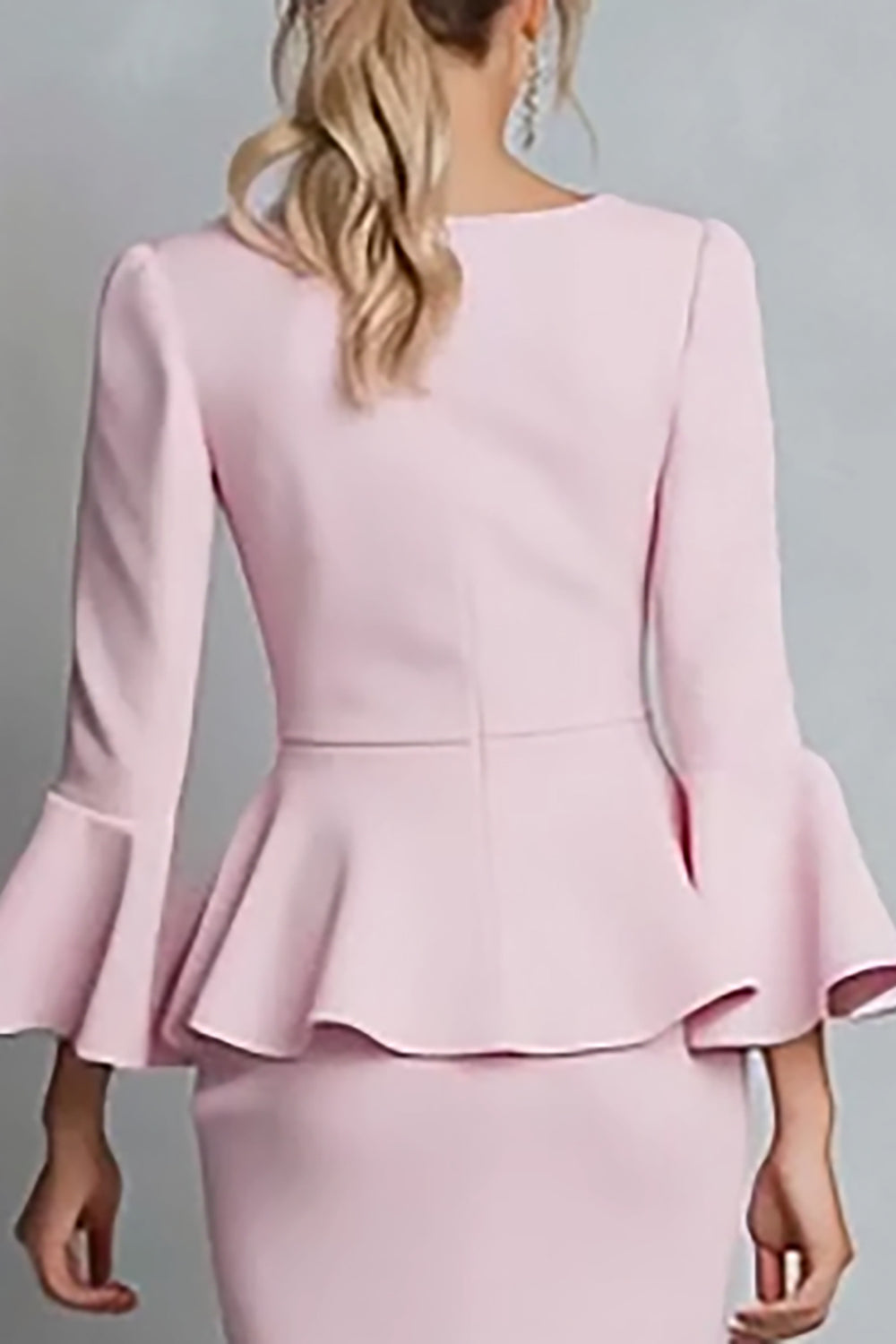 Pink Boat Neck Pencil Ruffled Midi Work Dress with Sleeves