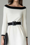 Black and White Pencil Midi Work Dress with Belts