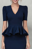 Navy Ruffled Pencil V-Neck Midi Work Dress with Sleeves