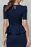 Navy Ruffled Pencil V-Neck Midi Work Dress with Sleeves