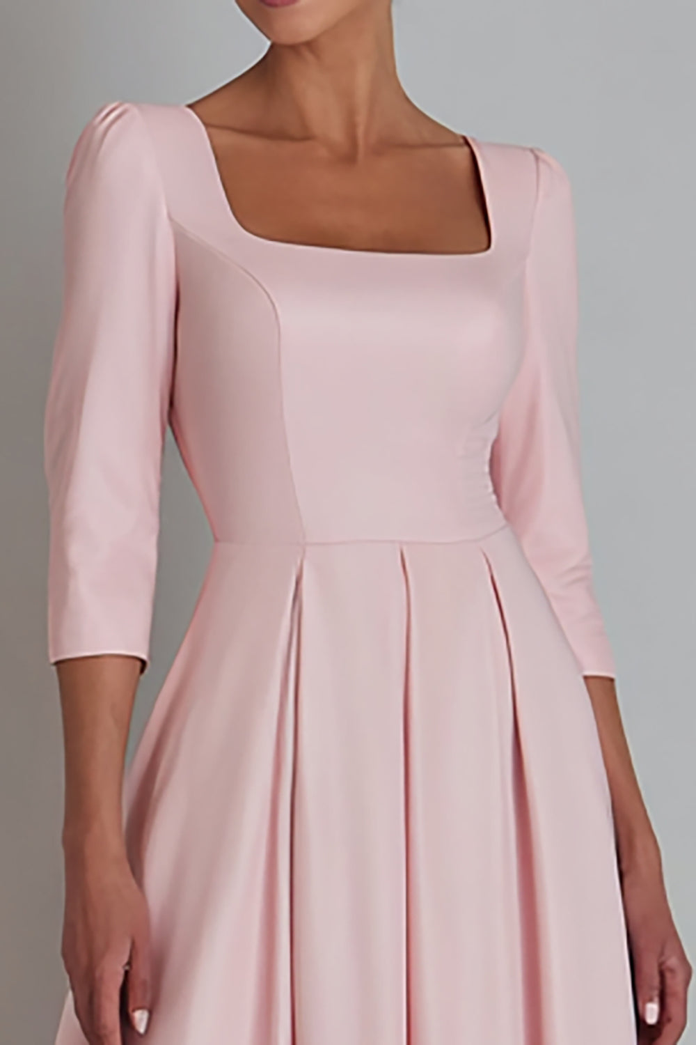Pink Satin A Line Square Neck Long Work Dress with Sleeves