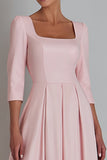 Pink Satin A Line Square Neck Long Work Dress with Sleeves