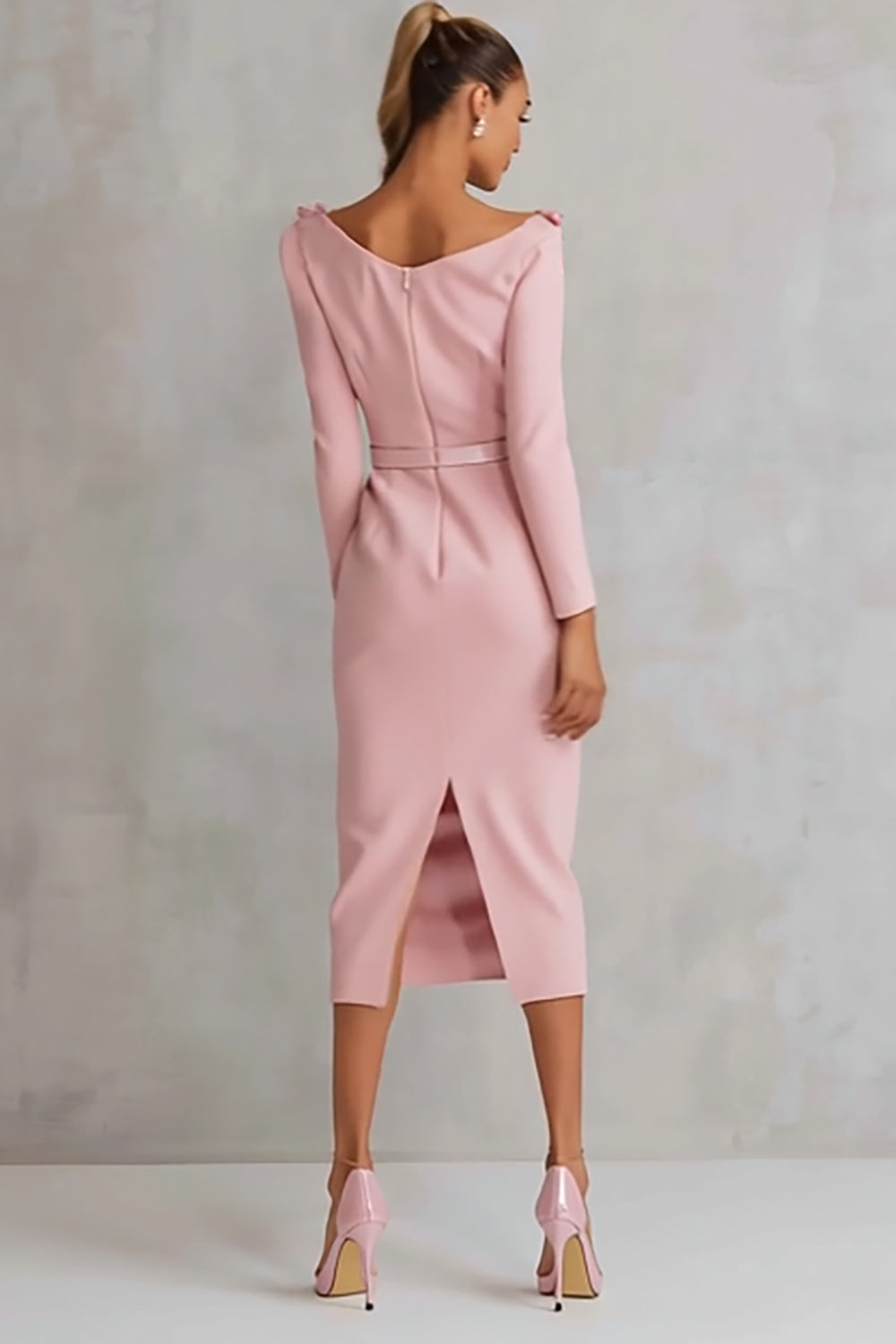 Pink Pencil Floral Boat Neck Midi Work Dress with Slit
