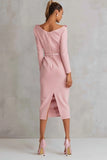Pink Pencil Floral Boat Neck Midi Work Dress with Slit