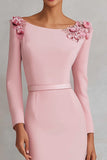 Pink Pencil Floral Boat Neck Midi Work Dress with Slit