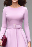 Simple Lilac Round Neck A Line Midi Work Dress with Belts