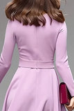 Simple Lilac Round Neck A Line Midi Work Dress with Belts