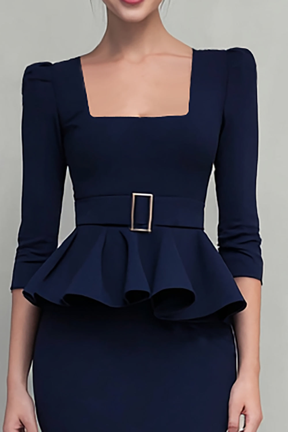 Navy Pencil Ruffled Square Neck Midi Work Dress with Belts