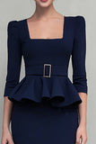 Navy Pencil Ruffled Square Neck Midi Work Dress with Belts