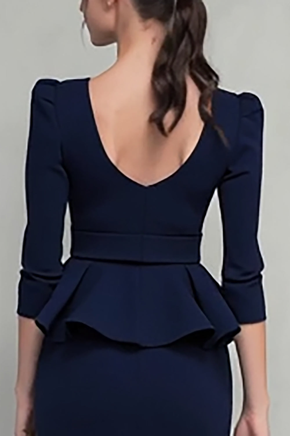 Navy Pencil Ruffled Square Neck Midi Work Dress with Belts