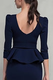 Navy Pencil Ruffled Square Neck Midi Work Dress with Belts