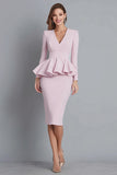 Pink Pencil Ruffled V-Neck Midi Work Dress with Sleeves