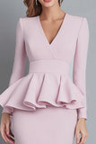 Pink Pencil Ruffled V-Neck Midi Work Dress with Sleeves