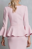 Pink Pencil Ruffled V-Neck Midi Work Dress with Sleeves