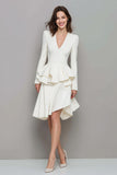 Ivory V-Neck Ruffled A Line Short Work Dress with Sleeves