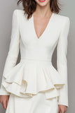 Ivory V-Neck Ruffled A Line Short Work Dress with Sleeves