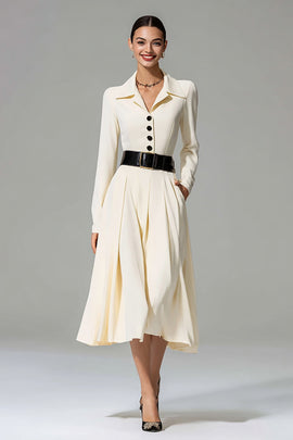 Ivory Collar Neck A Line Midi Work Dress with Pockets