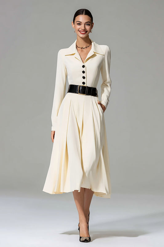 Ivory Collar Neck A Line Midi Work Dress with Pockets