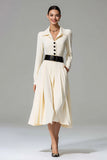 Ivory Collar Neck A Line Midi Work Dress with Pockets