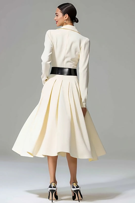 Ivory Collar Neck A Line Midi Work Dress with Pockets