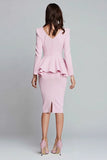 Pink Ruffled Pencil Square Neck Midi Work Dress with Sleeves