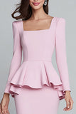 Pink Ruffled Pencil Square Neck Midi Work Dress with Sleeves