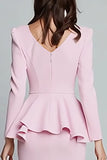 Pink Ruffled Pencil Square Neck Midi Work Dress with Sleeves