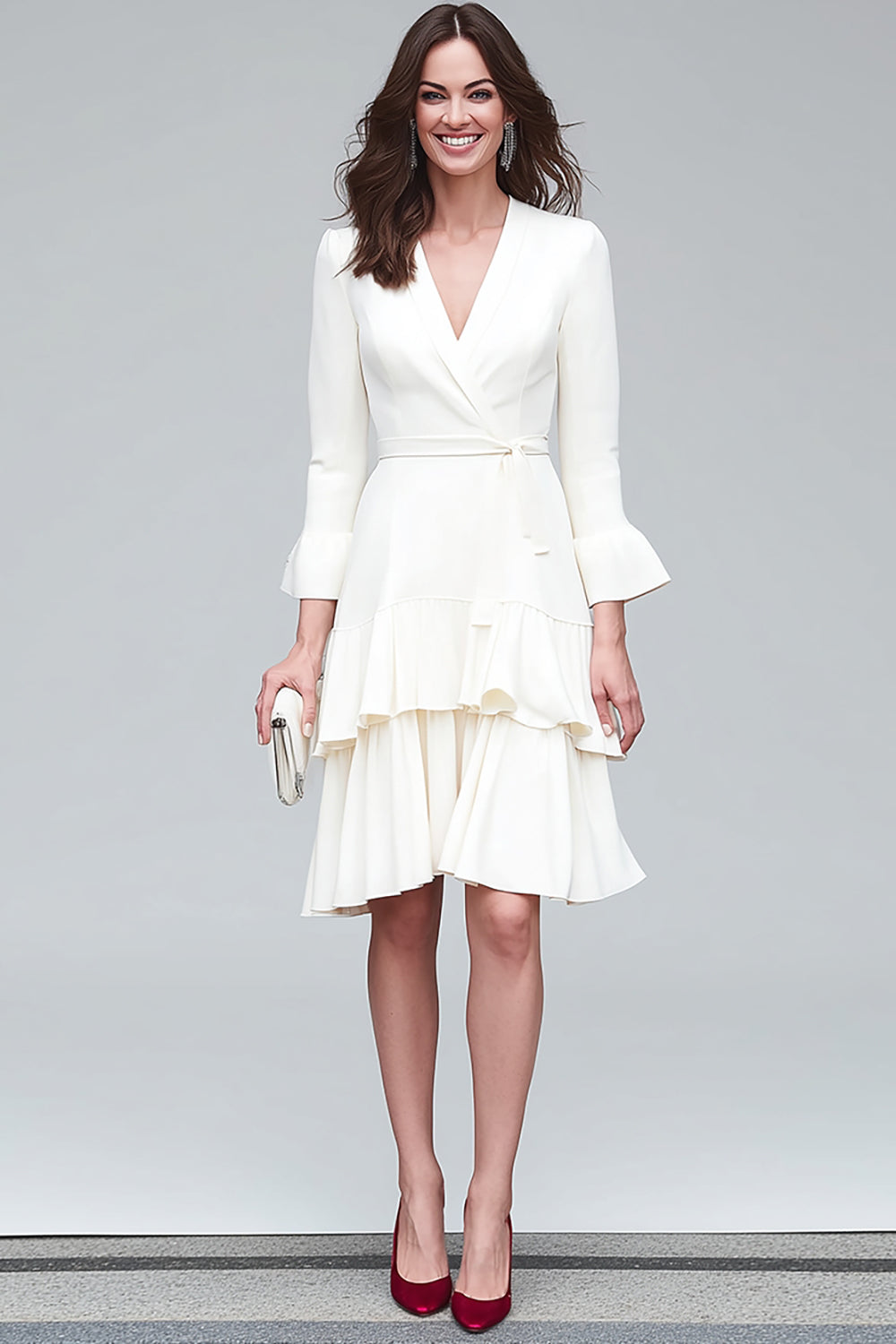 Ivory V-Neck Tiered A Line Midi Work Dress with Sash