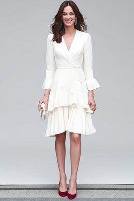 Ivory V-Neck Tiered A Line Midi Work Dress with Sash