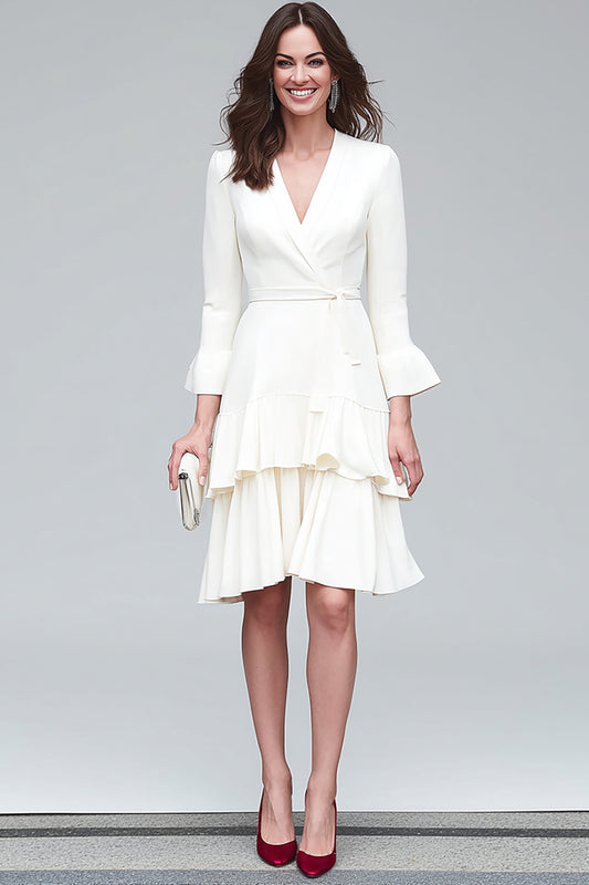 Ivory V-Neck Tiered A Line Midi Work Dress with Sash