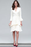 Ivory V-Neck Tiered A Line Midi Work Dress with Sash