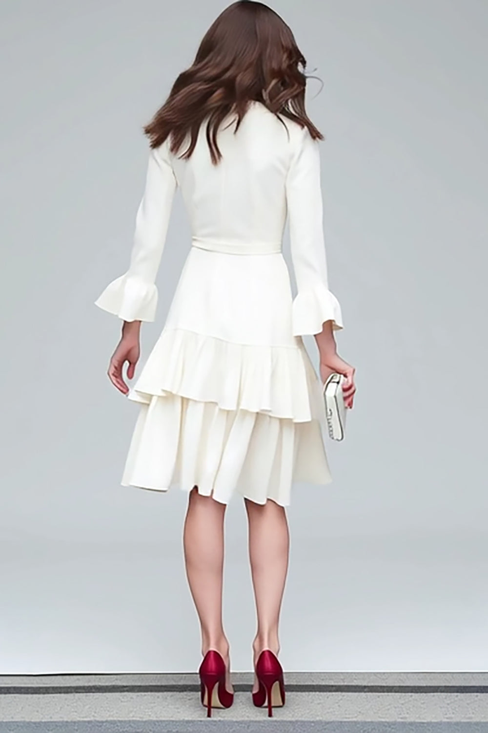 Ivory V-Neck Tiered A Line Midi Work Dress with Sash