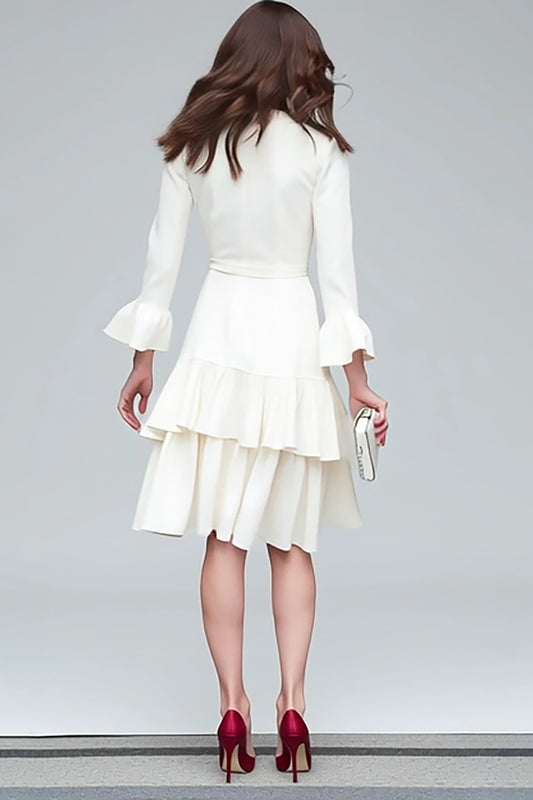 Ivory V-Neck Tiered A Line Midi Work Dress with Sash