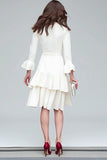 Ivory V-Neck Tiered A Line Midi Work Dress with Sash