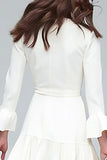 Ivory V-Neck Tiered A Line Midi Work Dress with Sash