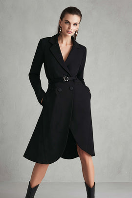 Black Notched Lapel Satin Midi Blazer Dress with Pockets