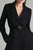 Black Notched Lapel Satin Midi Blazer Dress with Pockets
