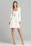 Ivory A Line Square Neck Short Work Dress with Belts