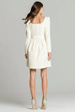 Ivory A Line Square Neck Short Work Dress with Belts