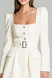 Ivory A Line Square Neck Short Work Dress with Belts