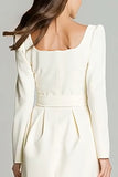 Ivory A Line Square Neck Short Work Dress with Belts